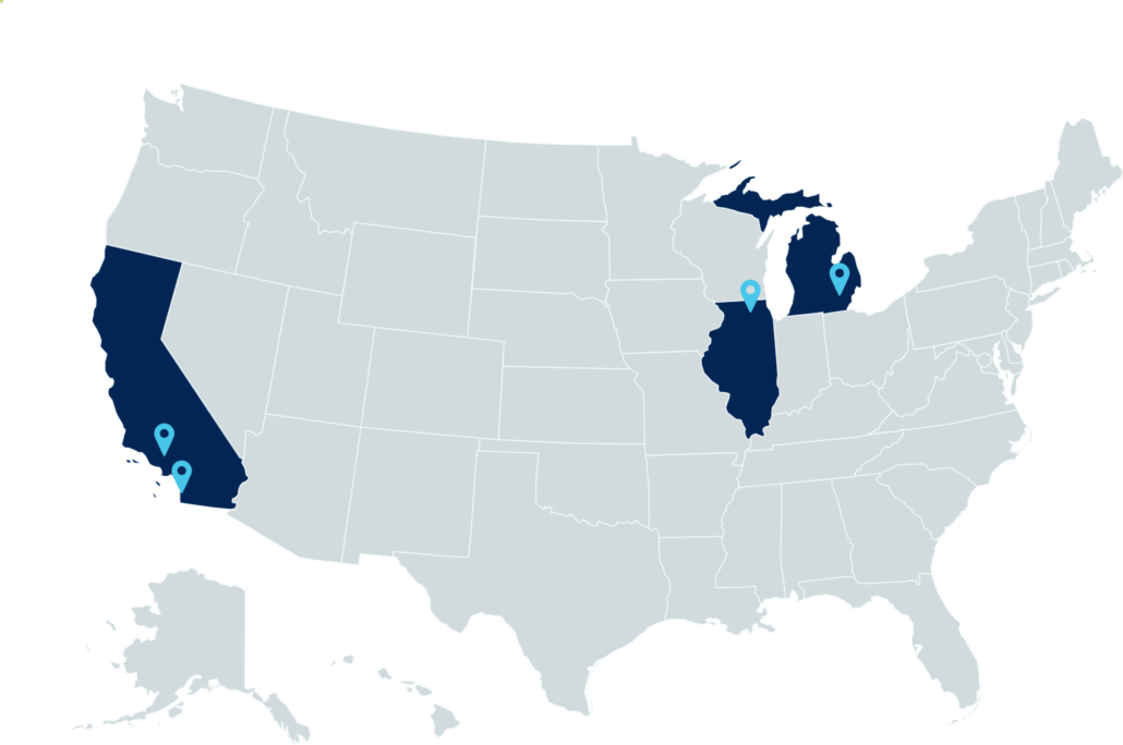 A map of the united states with the locations of michigan and indiana.